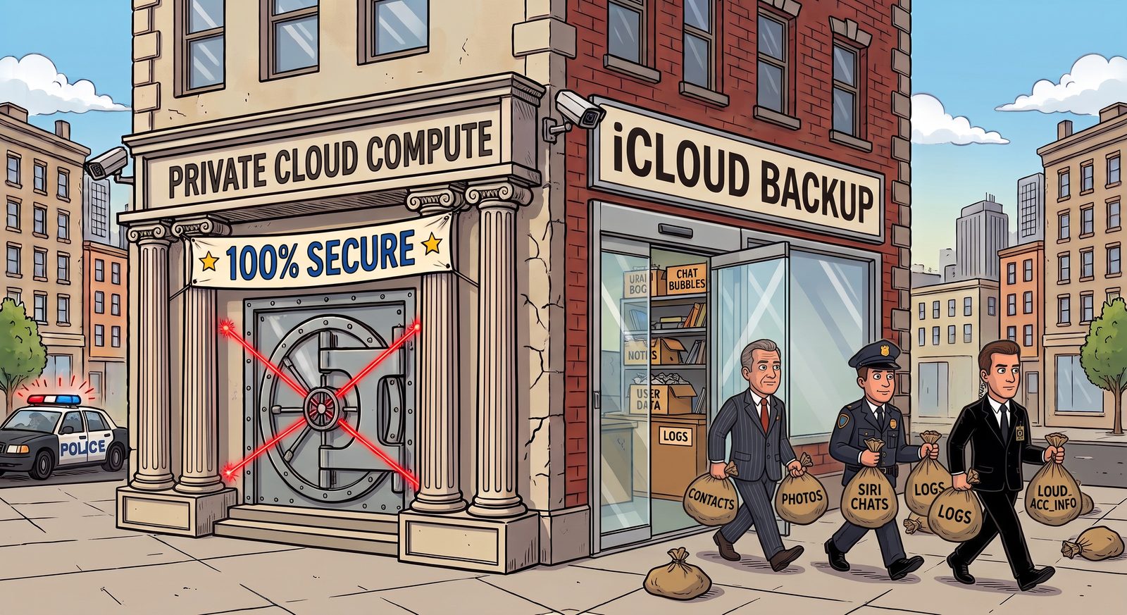 Cartoon. A bank labeled Private Cloud Compute with a laser-guarded vault and a 100% Secure banner. Next door, a storefront labeled iCloud Backup has its doors wide open, and a suited official, a police officer and an agent walk out carrying sacks labeled Contacts, Photos, Siri chats and Logs.