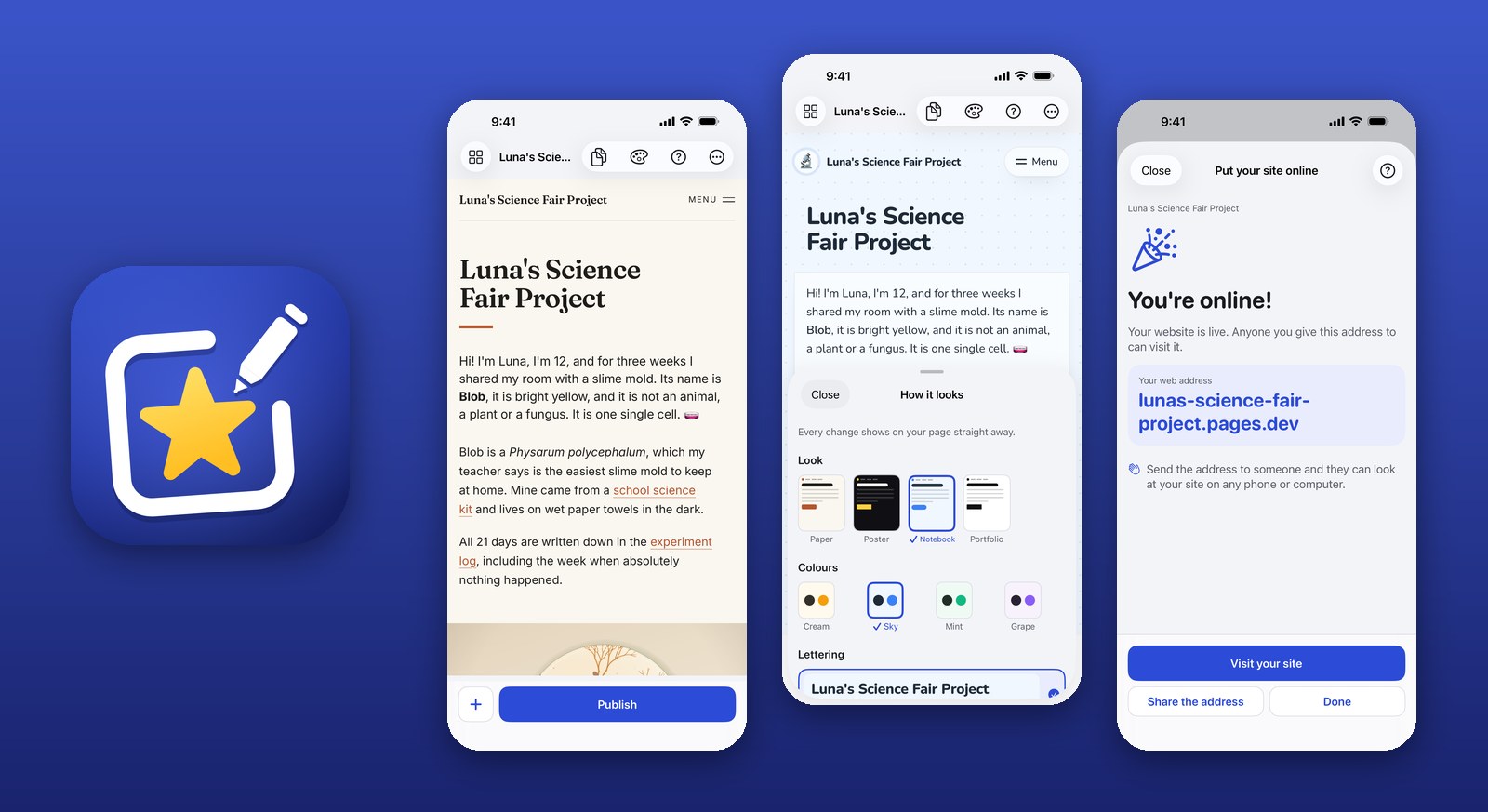 The Star Editor app icon next to three iPhone screens: a sample site being edited, the look and colour picker, and the You’re online confirmation with the site’s pages.dev address.